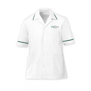 First Option Healthcare men's uniform which is a tunic