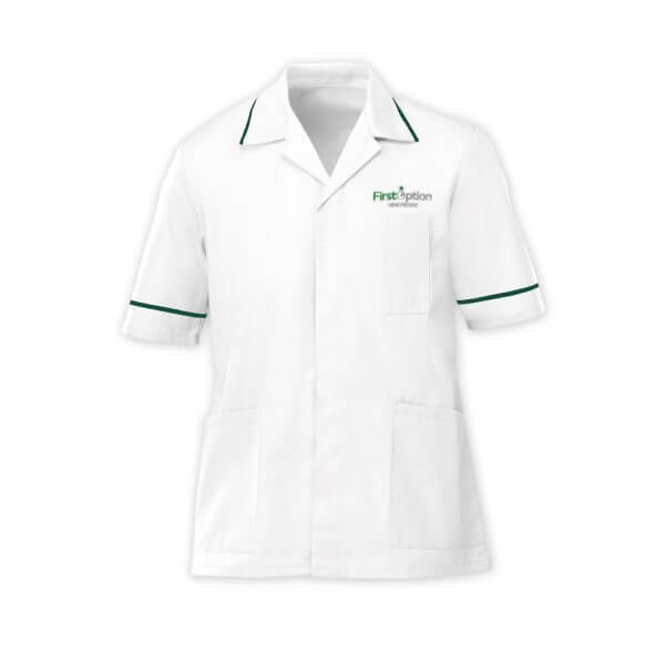 First Option Healthcare men's uniform which is a tunic